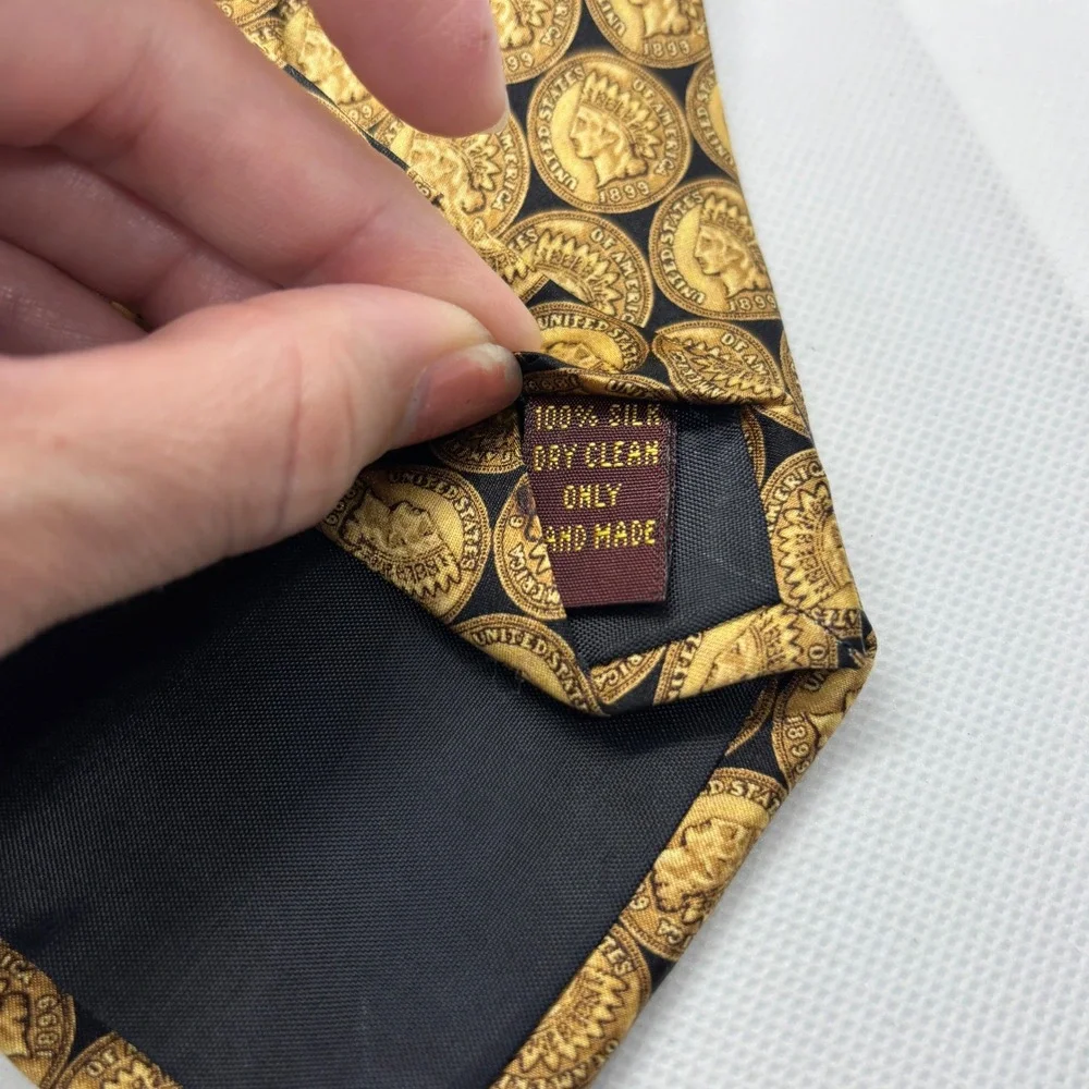 Museum Artifacts Necktie Mens Gold Black Indian Head Penny Coin Handmade Silk